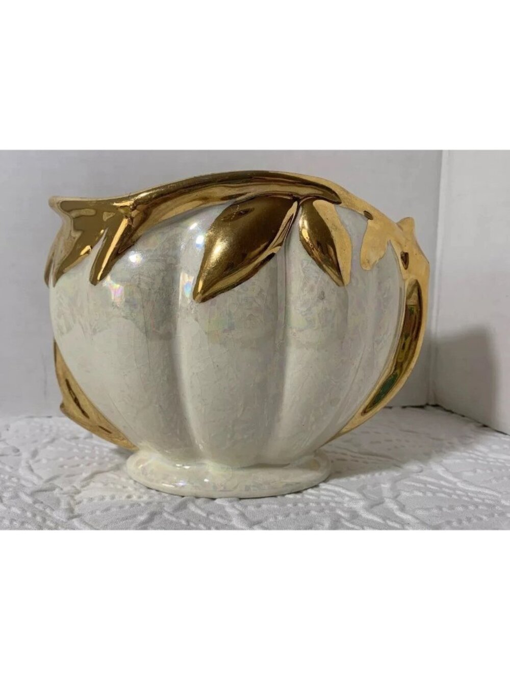 Cream With Gold Trim Pottery Vase W/ False Handles Thea 51 Mid Century